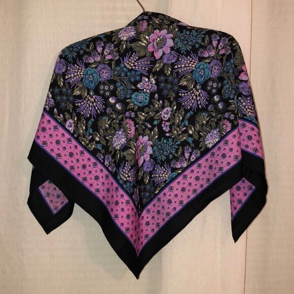 Large Black Pink Lavender Blue Floral Square Turkish Scarf - Picture 1 of 11